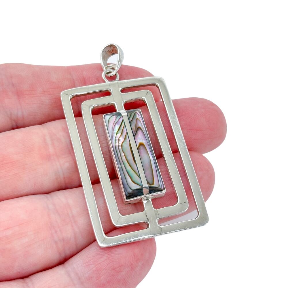 Vintage Sterling Silver 950 Rectangle Abalone Open Work Pendant